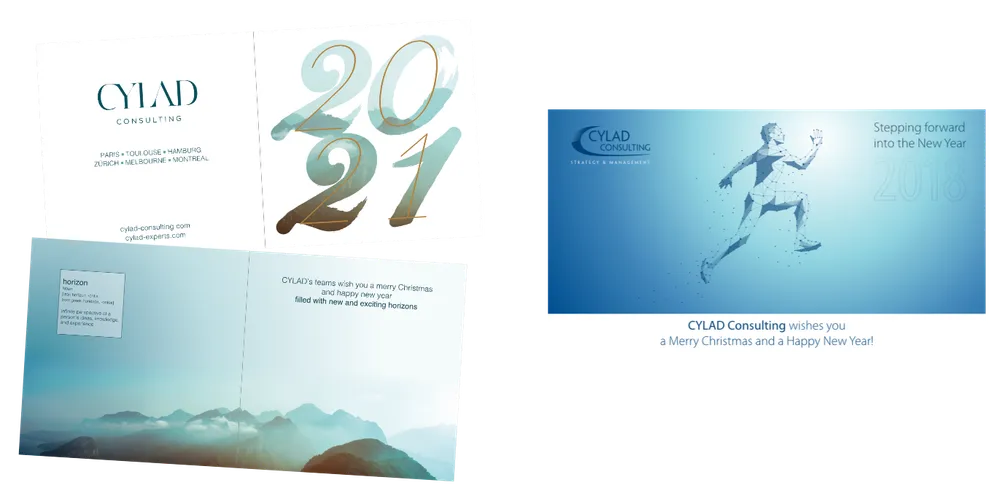 Une série de cartes de vœux, création graphique et illustration, impression papier pour 2021 et la version courriel pour 2018 (avec l’ancien logo)