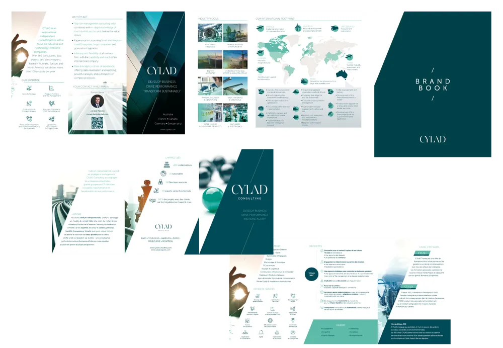 Graphisme des plaquettes de présentation de l’entreprise, mise en page, pictogrammes et illustrations