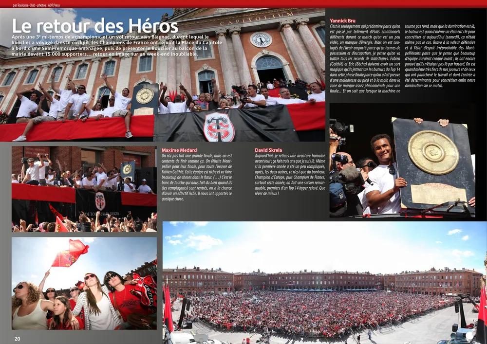 Mise en page graphique de textes et de photos, la Stade Toulousain, célébration de retour à Toulouse avec le bouclier de Brennus 2011