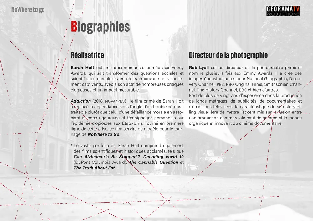 Page du dossier de présentation NoWhere to Go, page 12/13